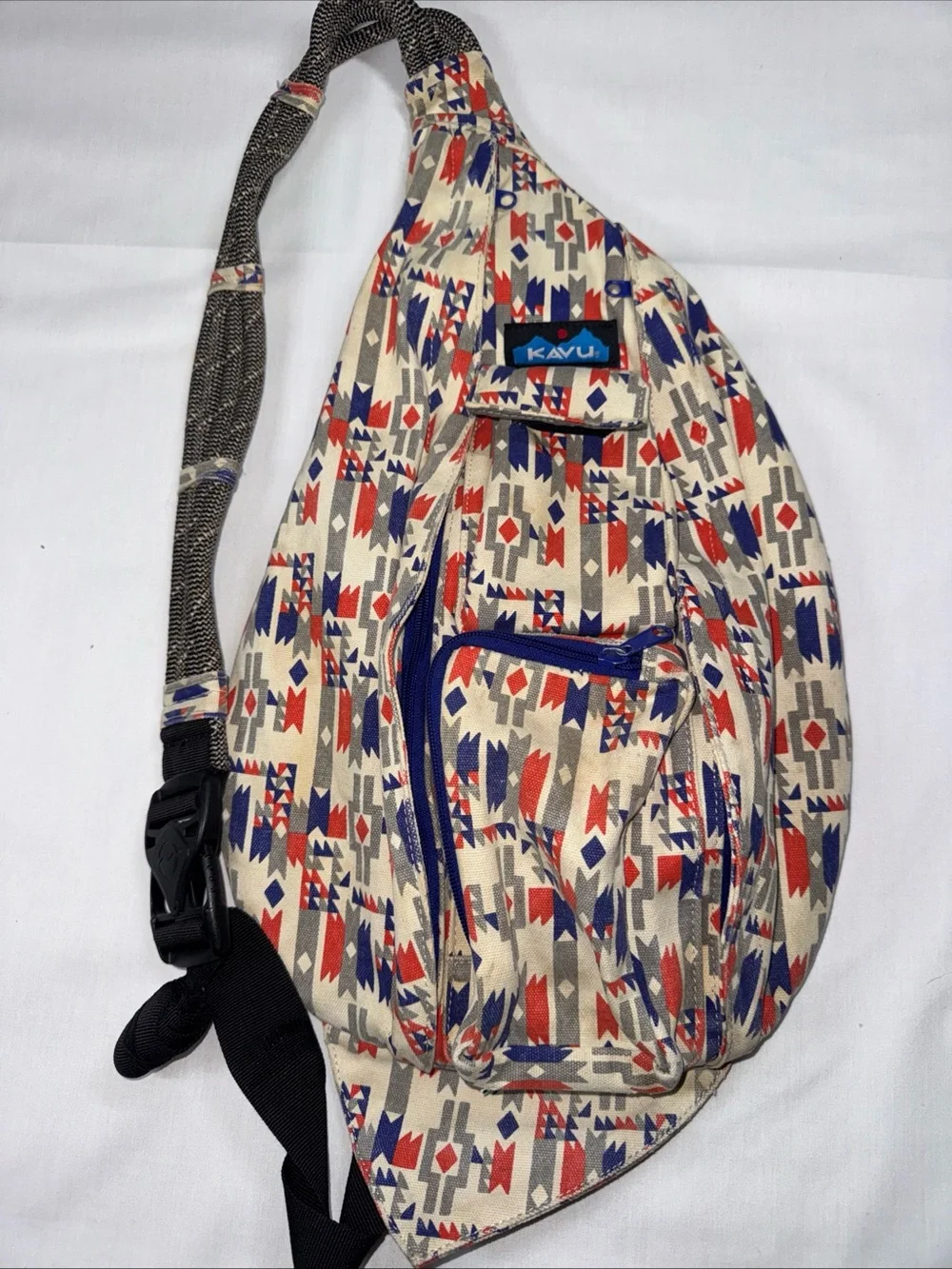 Kavu Cream Sling Bag with Red & Blue Geometric Southwestern Print